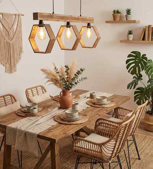 Hexagram 3 Lights Brown Solid Wood Linear Chandelier Cluster Hanging Light