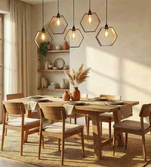 Hexagram 5 Lights Brown Solid Wood Linear Chandelier Cluster Hanging Light