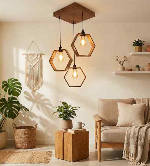 Hexagram Brown Solid Wood Cluster Hanging Light