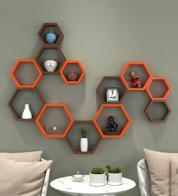 Buy Set of 12 Engineered Wood Hexagon Shape Wall Shelf in Multicolour Colour by Decornation ...