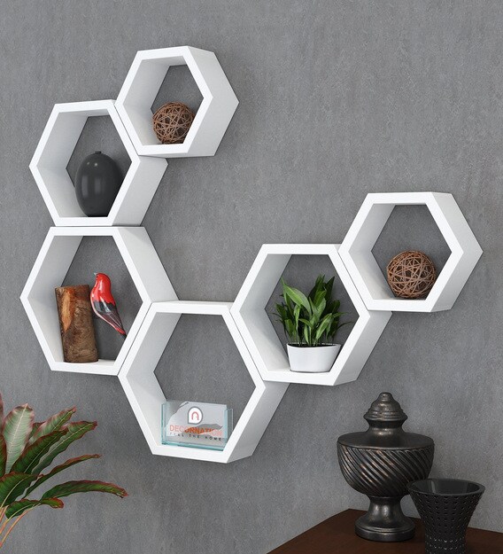 Buy Set of 6 Engineered Wood Hexagon Shape Wall Shelf in White Colour