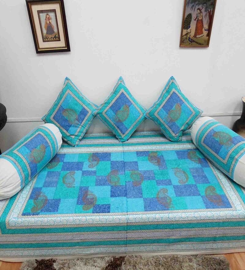 Buy Heritagefabs Blue Cotton Anokhi 6piece Diwan Set Online