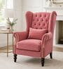 Hensley Teak Wood High Back Chair With Suede Fabric In Pink Colour Hensley Teak Wood High Back Chair With Suede Fabric In Pink Colour