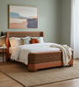 Heritage Cane Upholstered Queen Size Bed in Linen With Oak wood Frame
