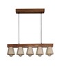 Hexa 5 Lights Brown Pinewood Linear Chandelier Cluster Hanging Light with Jute Fabric Shade