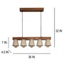 Hexa 5 Lights Brown Pinewood Linear Chandelier Cluster Hanging Light with Jute Fabric Shade