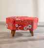 Hexa Acacia Wood Pouffe in Red Fabric