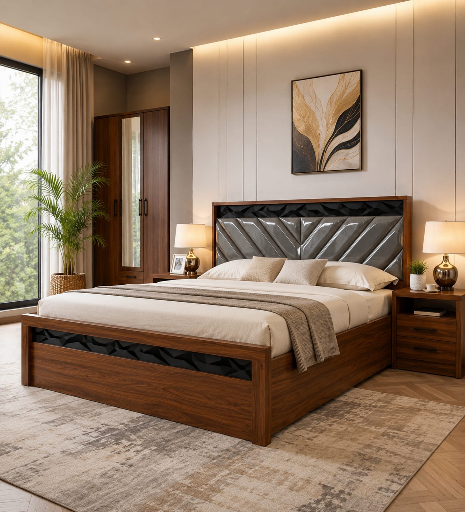 HGK Curve Bed  With Storage In Walnut Finish