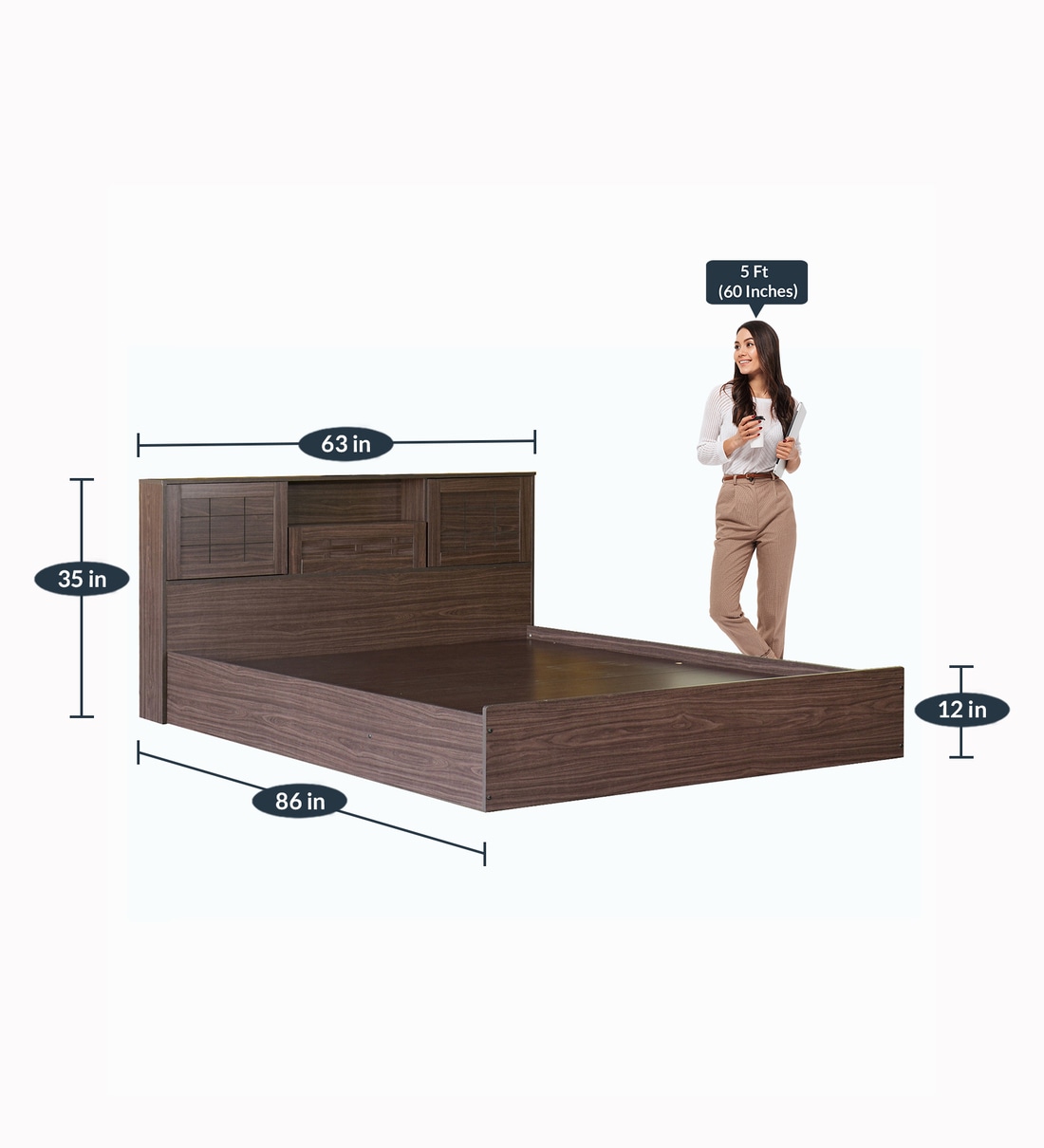 Buy Hideki Blackline Queen Size Bed With Storage In Walnut Finish By