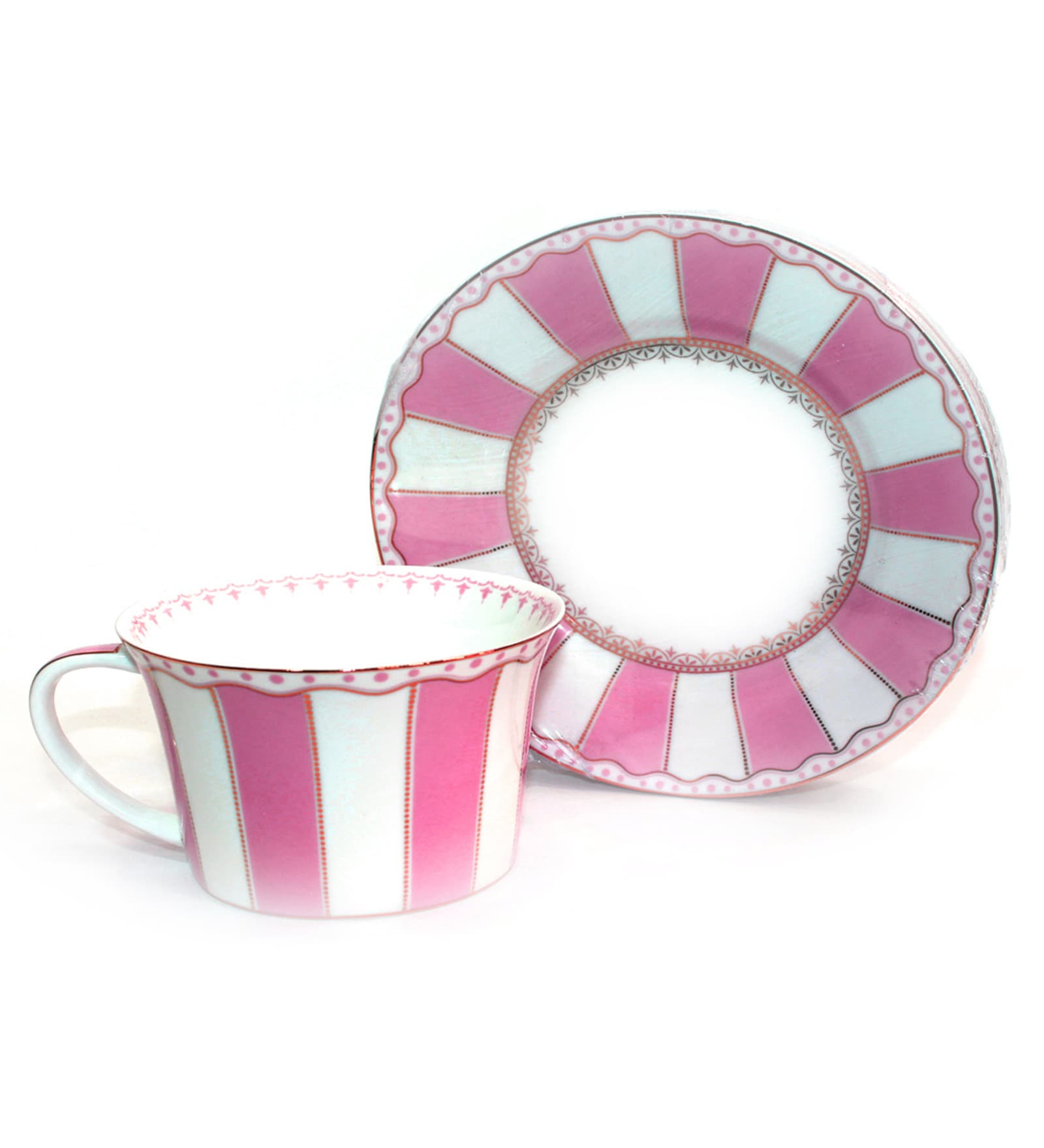 Hi Luxe White and Light Pink Porcelain 250 ML Striped Cup and Saucer Hi Luxe White and Light Pink Porcelain 250 ML Striped Cup and Saucer