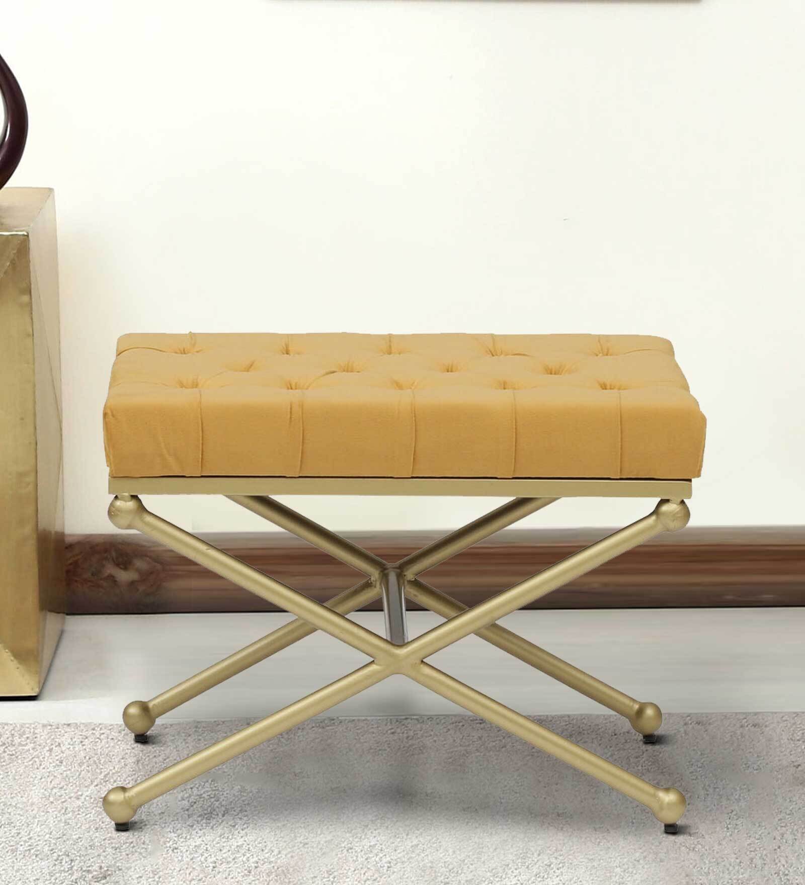 Hickory Metal Upholstered Seating Stool In Yellow Colour