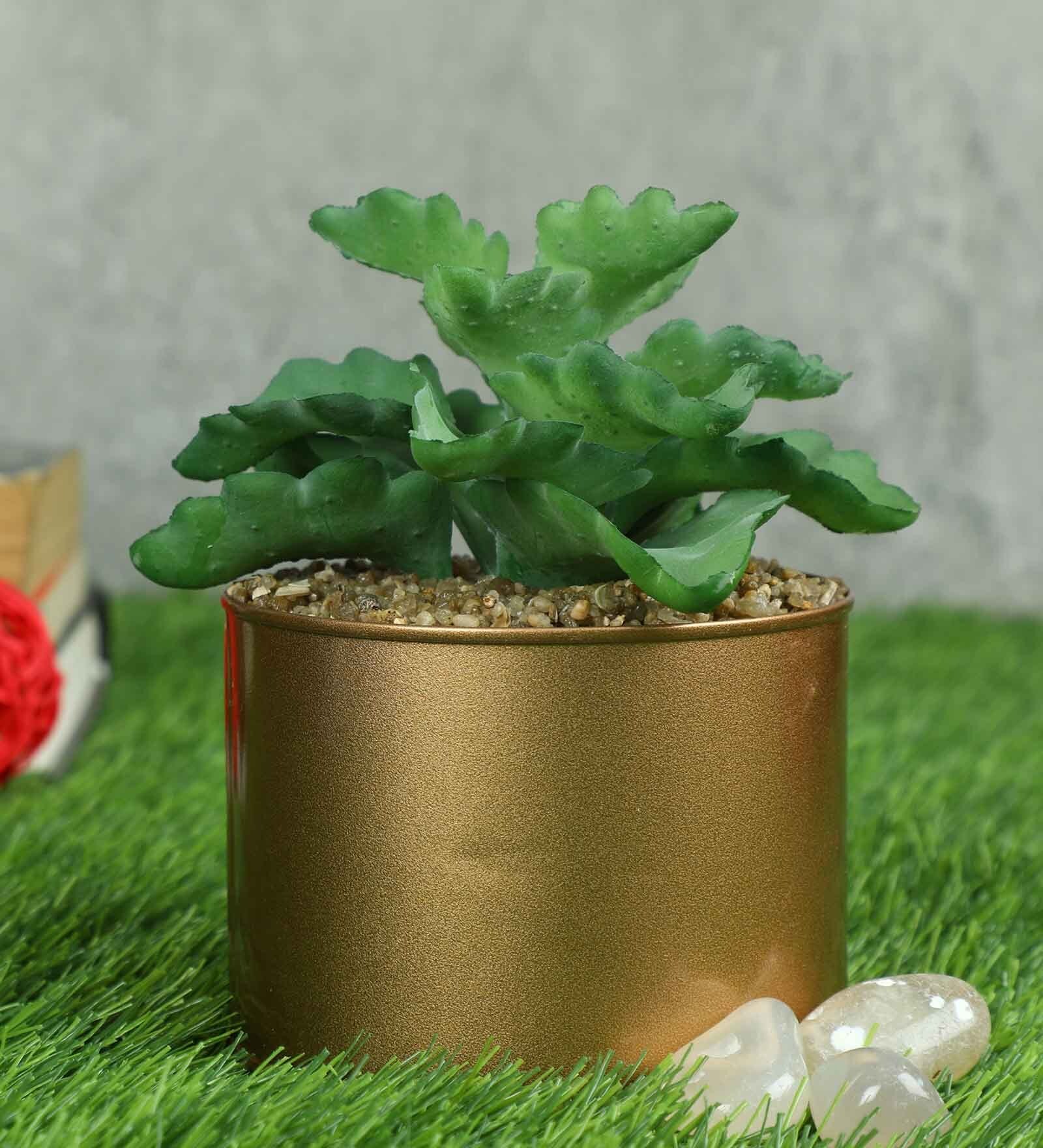 Polyester Hide Green Elegant Succulent With Metal Pot Artificial Plants