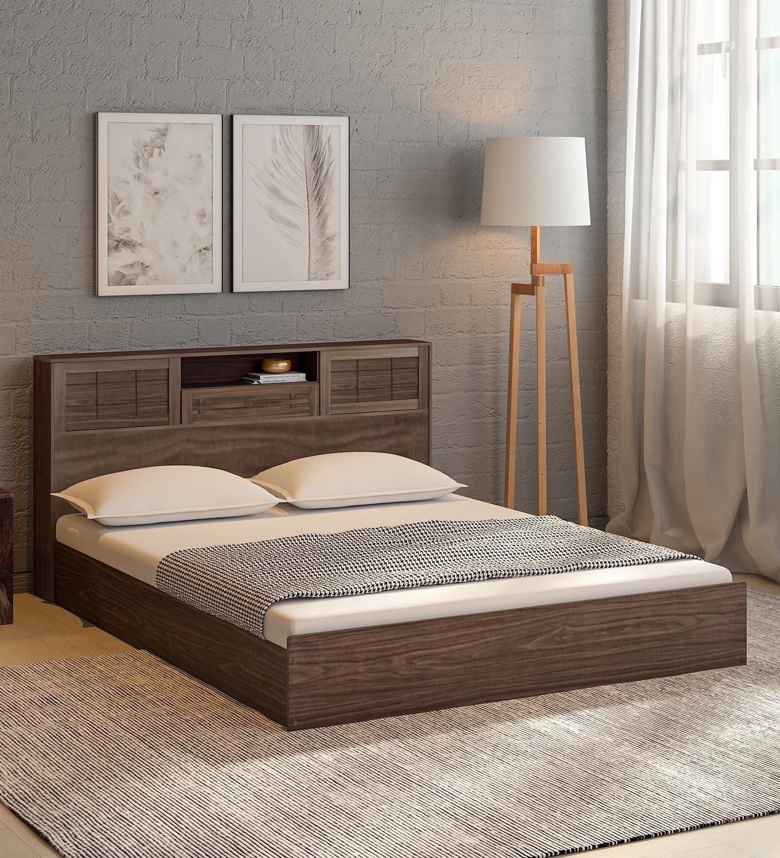 Hideki Queen Size Bed in Walnut Finish with Box Storage