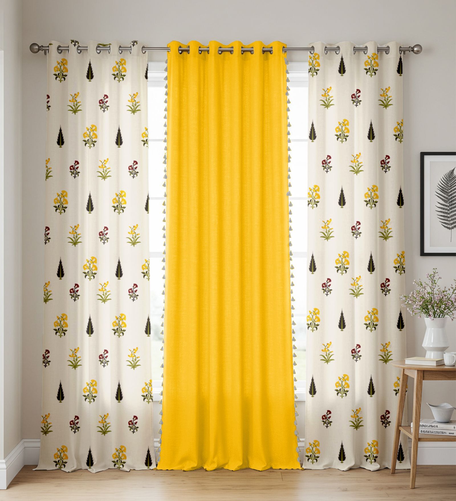 High Garden Yellow & Aura Yellow Printed Cotton Curtains for Long Door Pack of 3