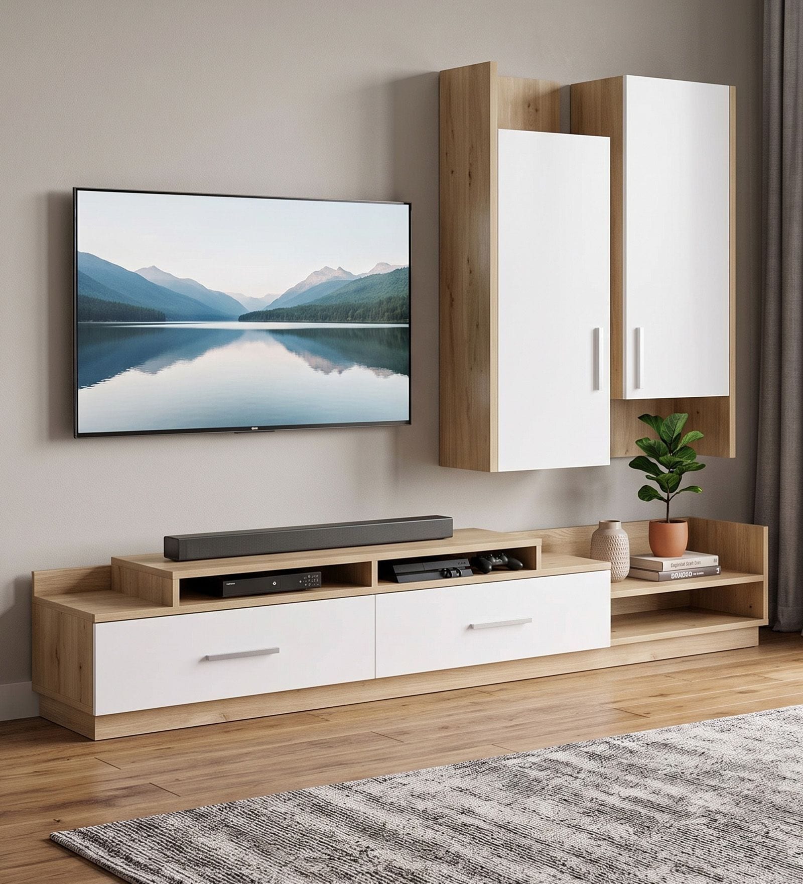 Hillary TV Unit In White Finish With Wall Mounted Cabinet Hillary TV Unit In White Finish With Wall Mounted Cabinet
