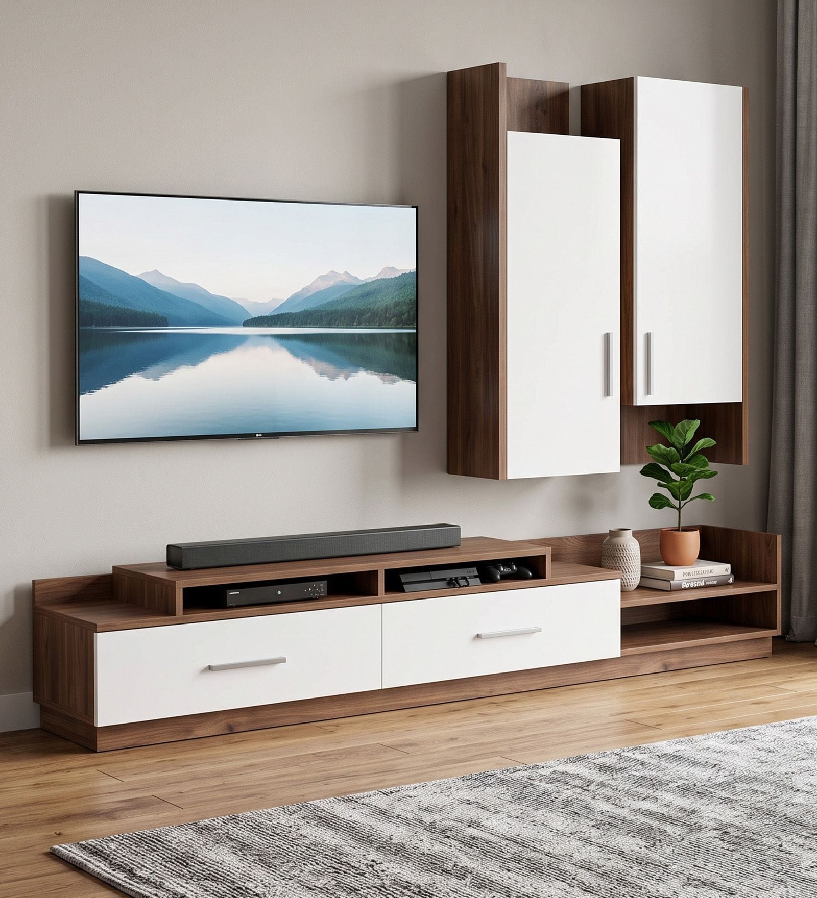 Hillary TV Unit in Planked Walnut and White Finish Hillary TV Unit in Planked Walnut and White Finish