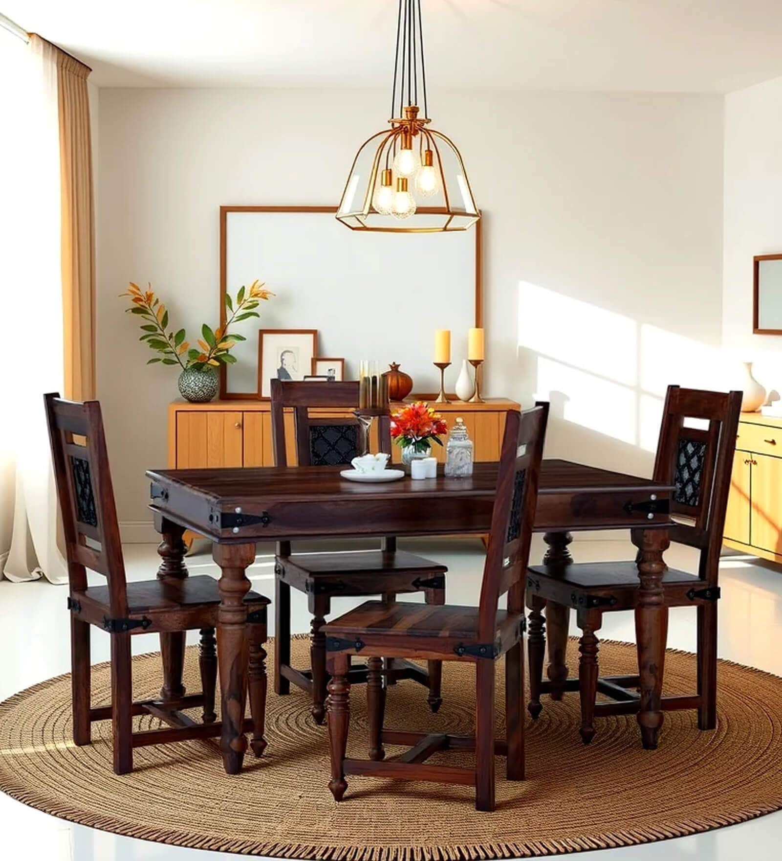 Hilton Wooden 4 Seater Dining Table Set Sheesham Wood In Brown