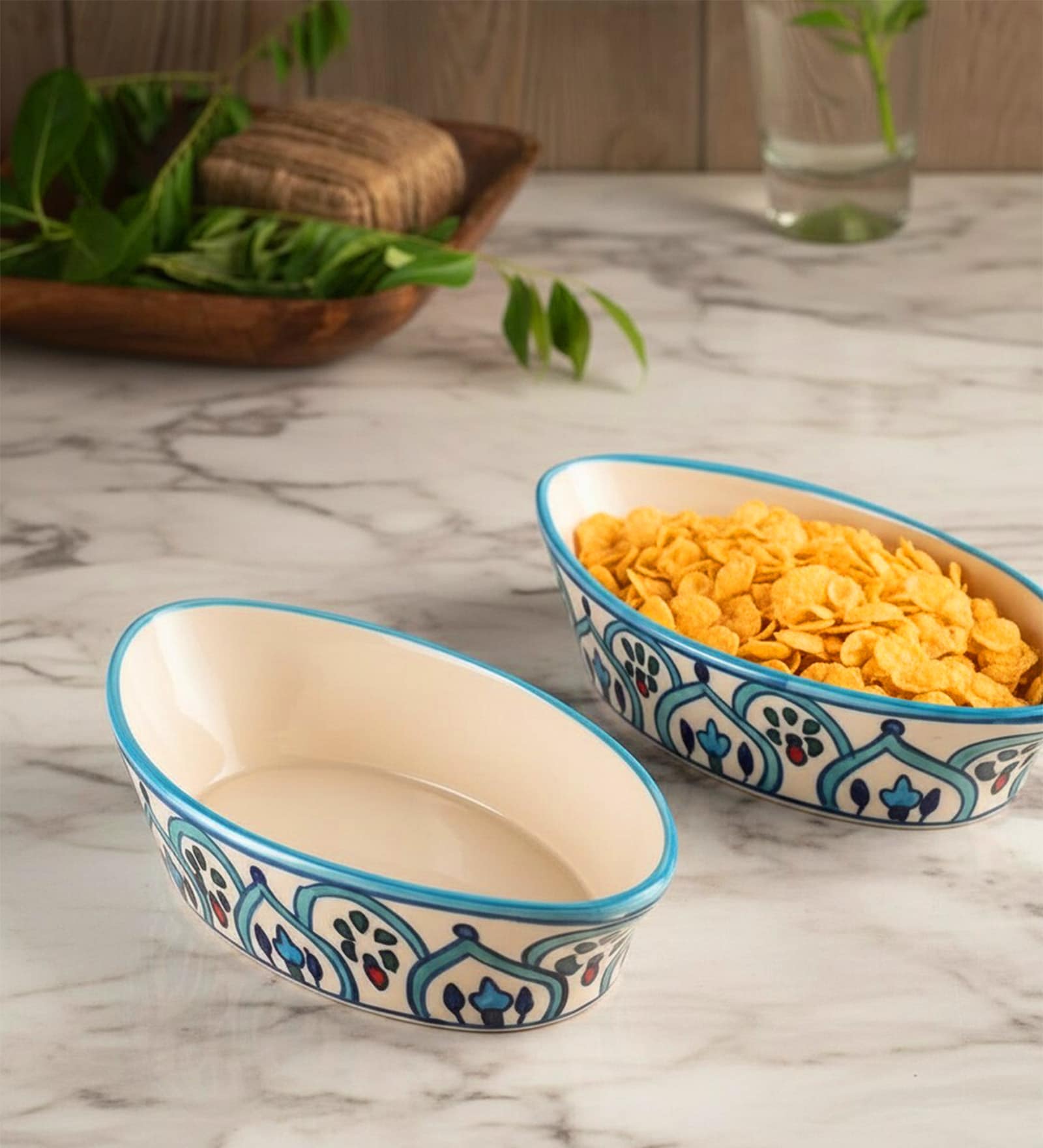 Palm Dunes Delight Boat Shape Ceramic Bowl Set of 2(500ml Each) Soup Bowl Without Handle & Spoon Microwave Safe Bowls