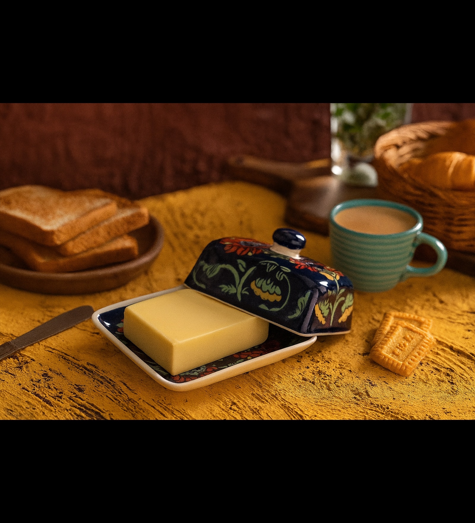 Pushp Vatika Ceramic butterdish Handmade Container with Tray & lid Microwave & Dishwasher Safe Serve Ware