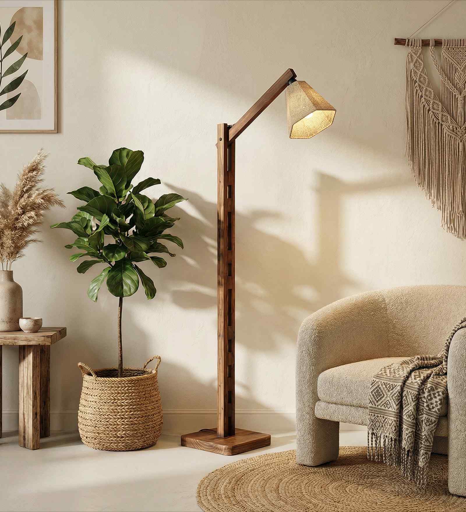 Hinge Wooden Floor Lamp with Jute Shade & Brown Base
