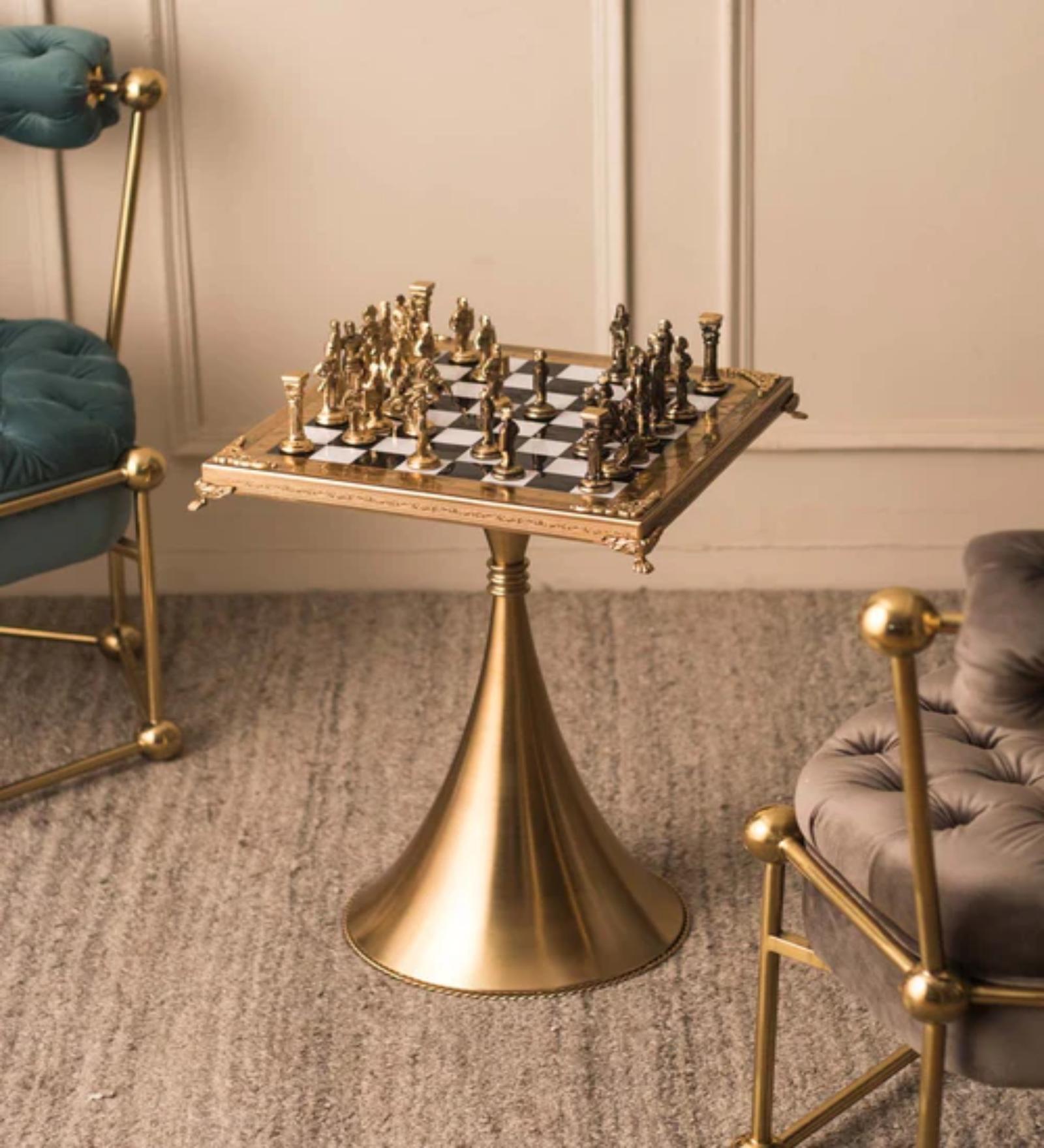 Historical Greek Multicolour Brass Chess Set With Stand