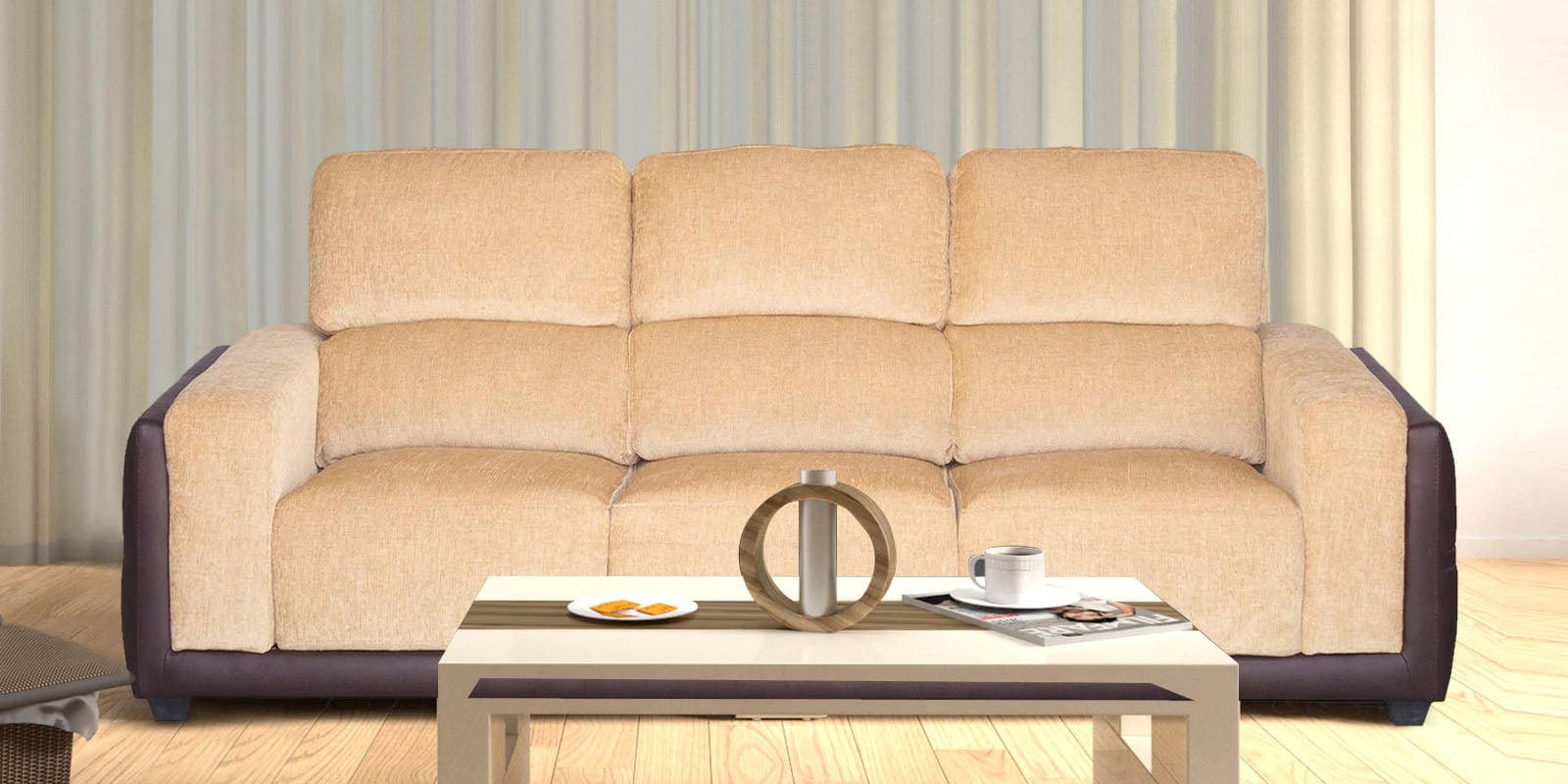 Buy High Back Three Seater Sofa in Gold & Brown Colour by