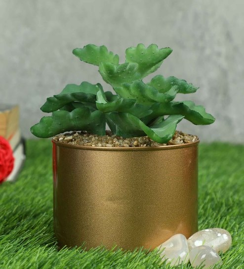 Polyester Hide Green Elegant Succulent With Metal Pot Artificial Plants