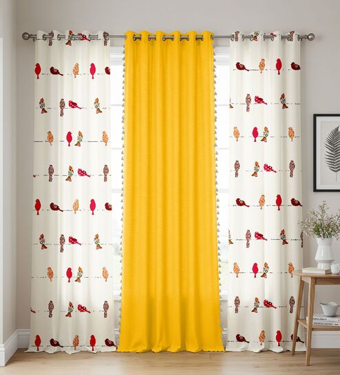High garden + Yellow pom pom Printed Cotton Curtains for Long Door Pack of 3