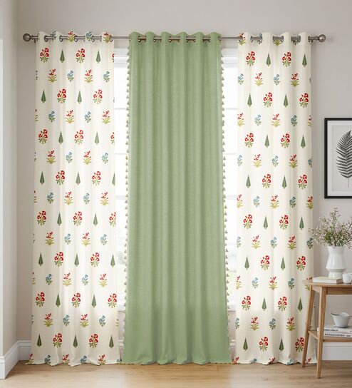 High Garden Red & Aura Green Printed Cotton Curtains for Window Pack of 3