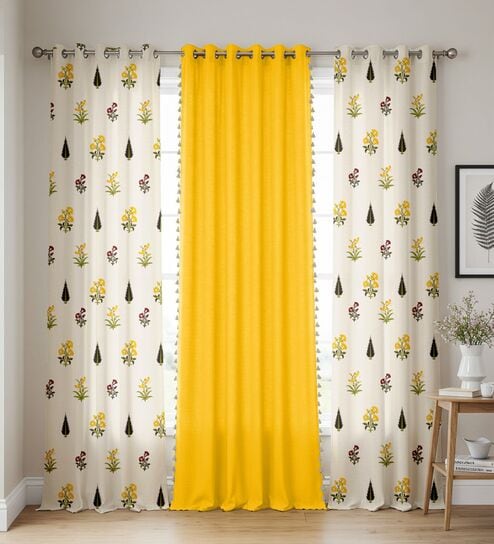 High Garden Yellow & Aura Yellow Printed Cotton Curtains for Long Door Pack of 3