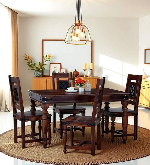 Hilton Wooden 4 Seater Dining Table Set Sheesham Wood In Brown
