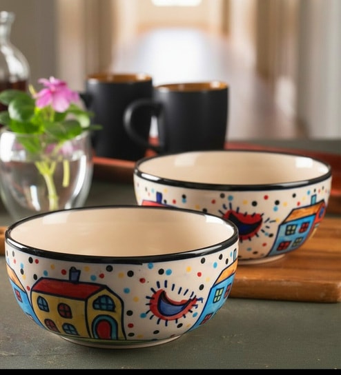 Joyful Village Ceramic Bowl Set of 2(750ml Each)