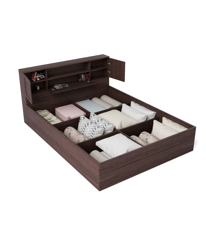 Buy Hideki Blackline Queen Size Bed With Storage In Walnut Finish By