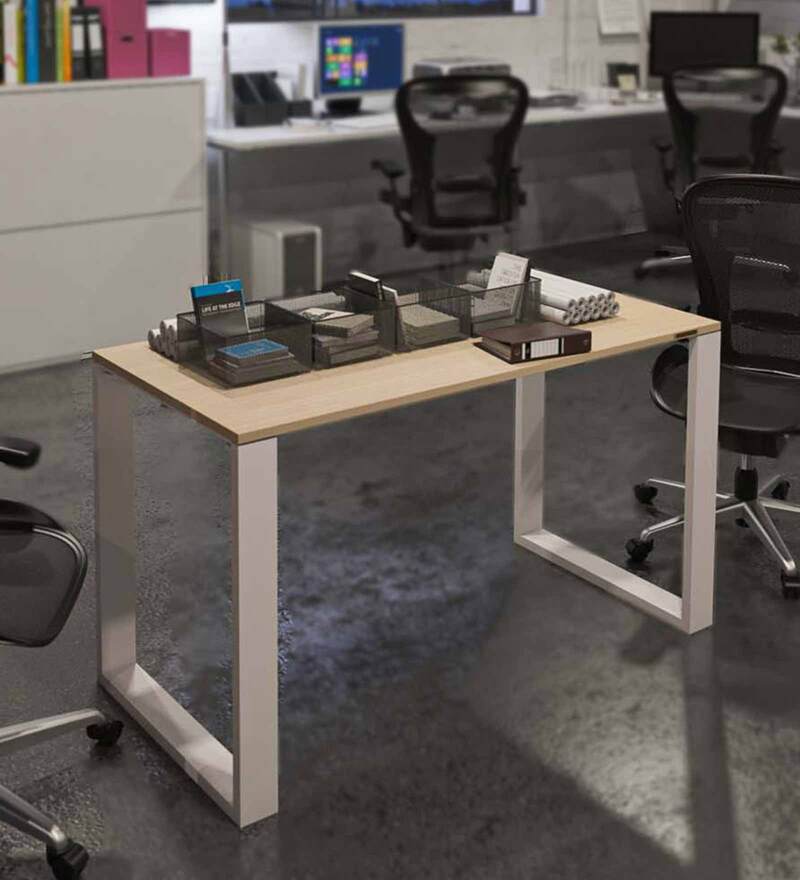 Buy Highflier Oak Veneer Desk in White Metal Legs by Pelican Essentials