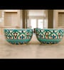 Peacock Feather Motif Big Ceramic Bowl Set of 2(750ml Each)