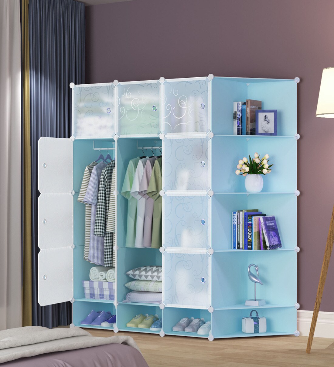 Buy Milo Folding Wardrobe in Blue Colour with Multipurpose Shelves at ...