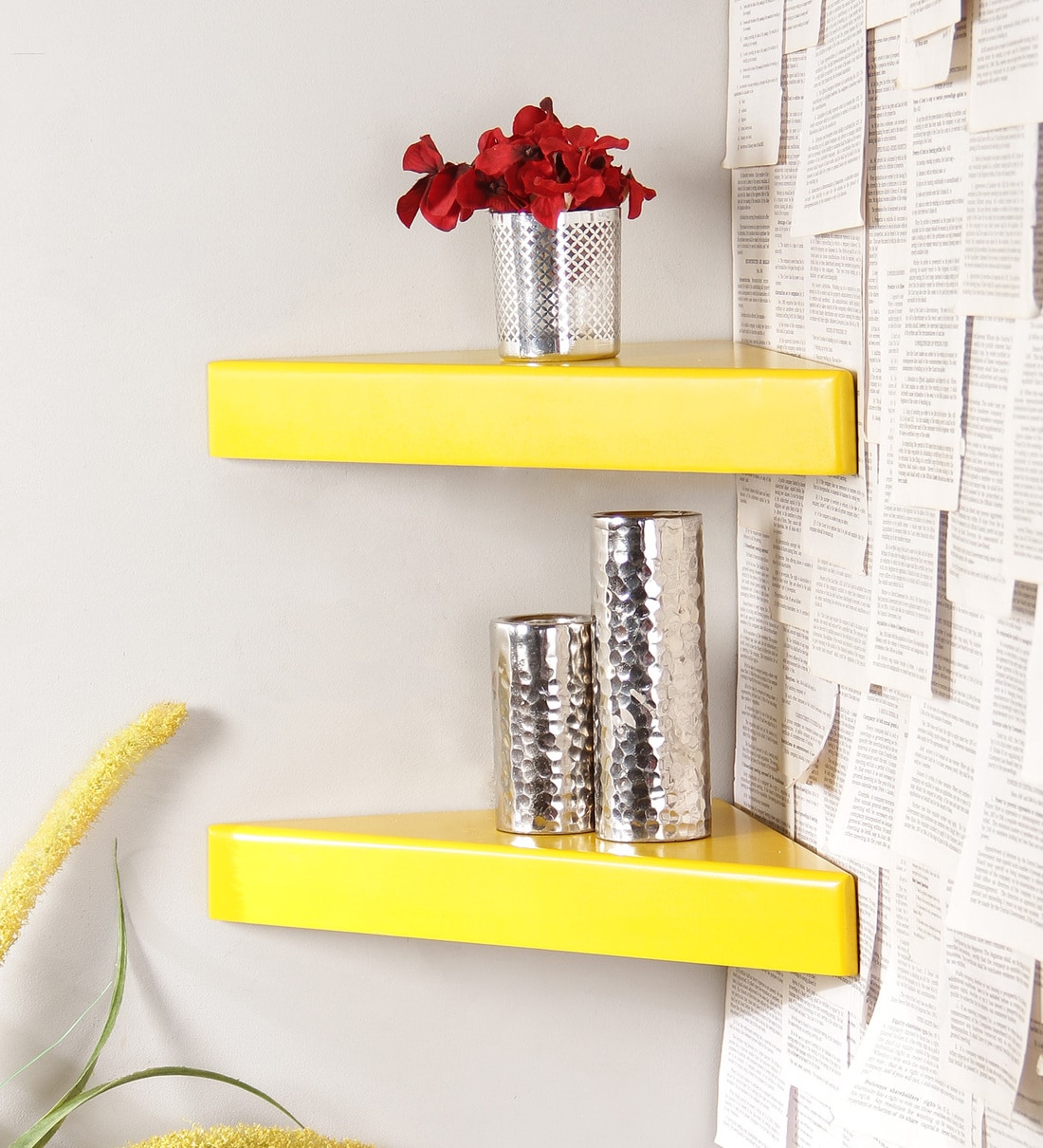 Buy Set of 2 Engineered Wood Corner Wall Shelf in Yellow Colour by Home