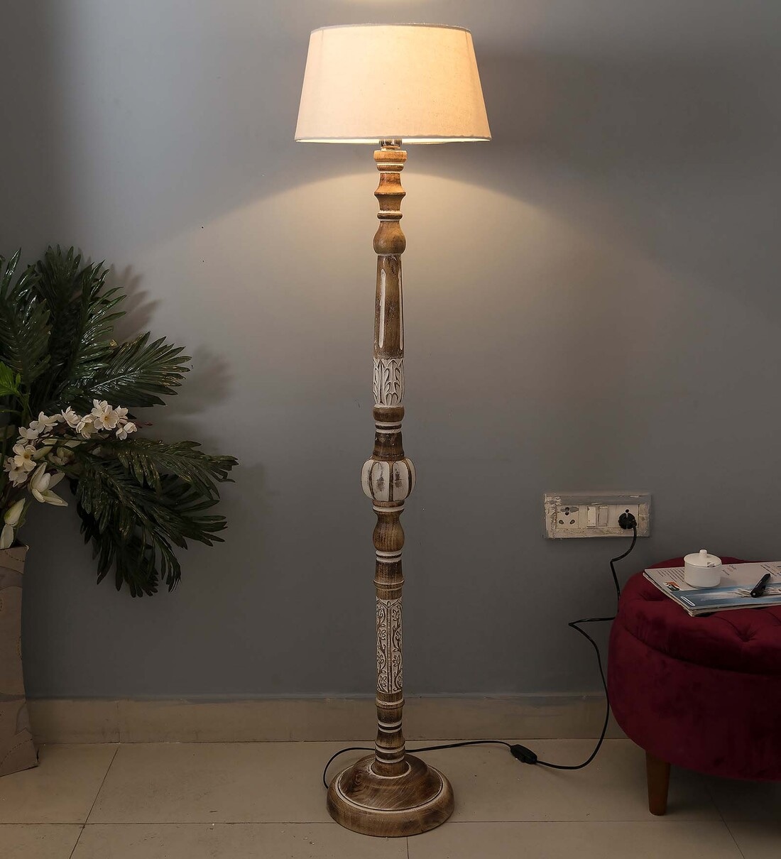 turned wood floor lamp