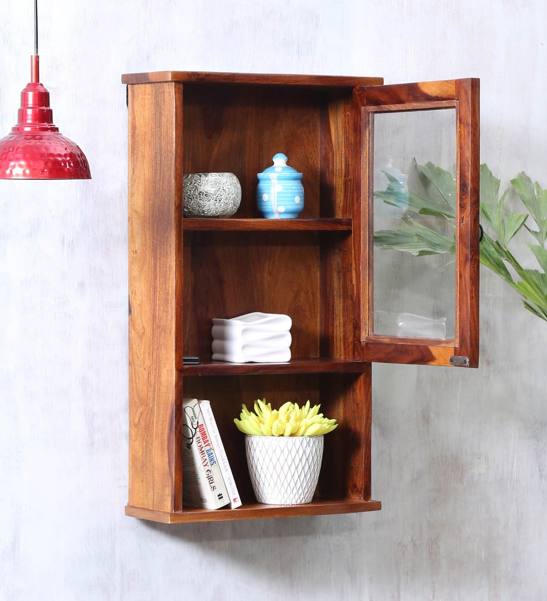 Buy Sheesham Wood Wall Shelf with Glass Door in Honey Finish by