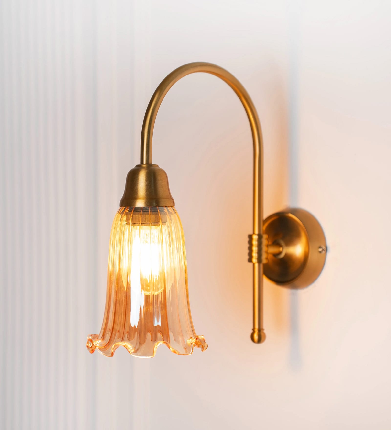 Hockey Wall Lamp Antique Brass Finish with Fluted Flower Glass Golden Luster