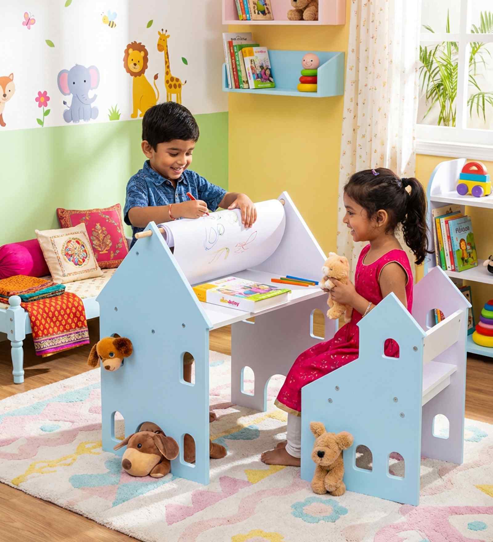 Holland Kids Study Table and Chair Set with Easel In Blue Finish