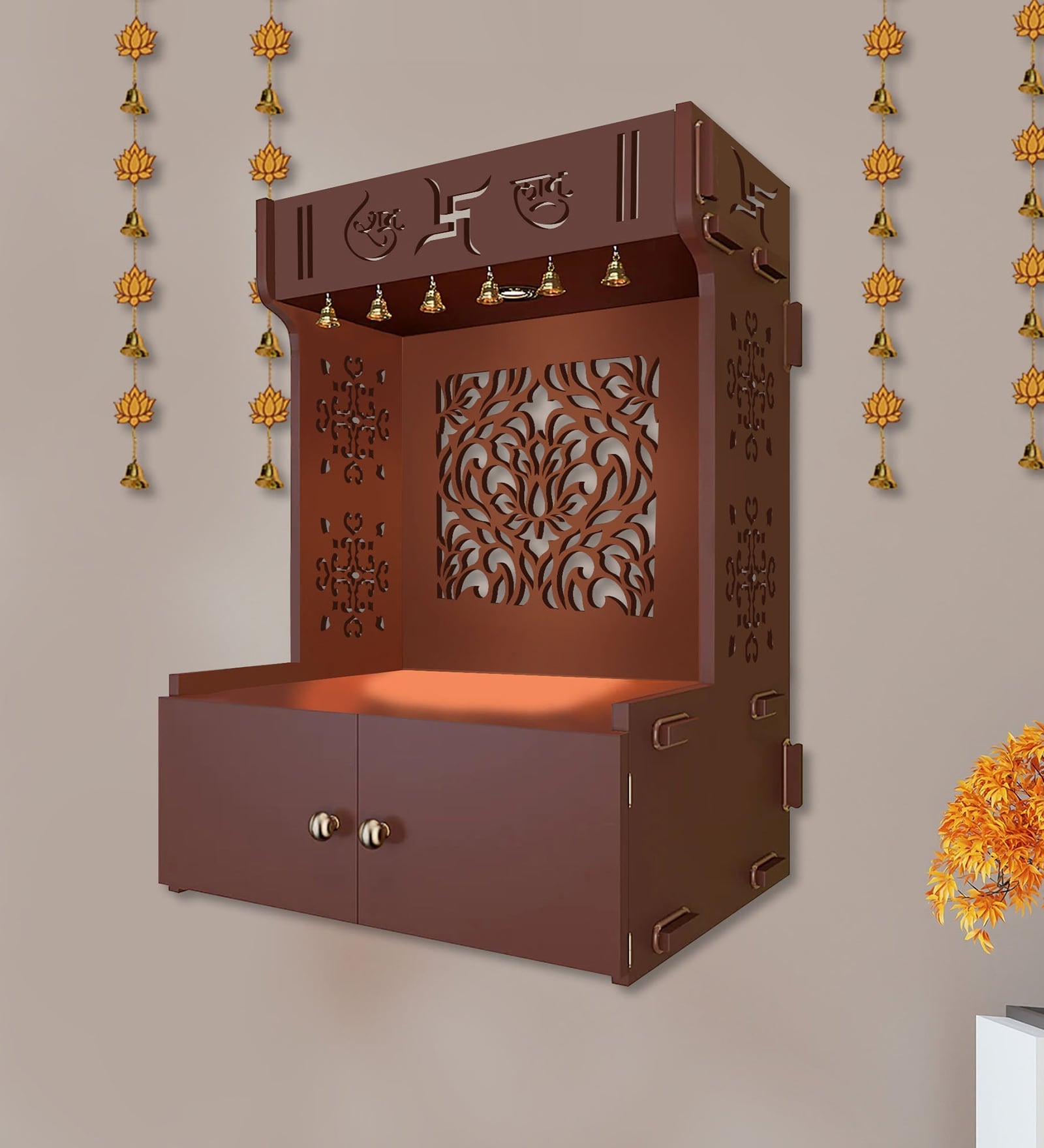 Holy Swastika Symbol of Hindu Religious Brown Wooden Wall Temple for Home With Inbuilt focus Lights & Spacious Shelf