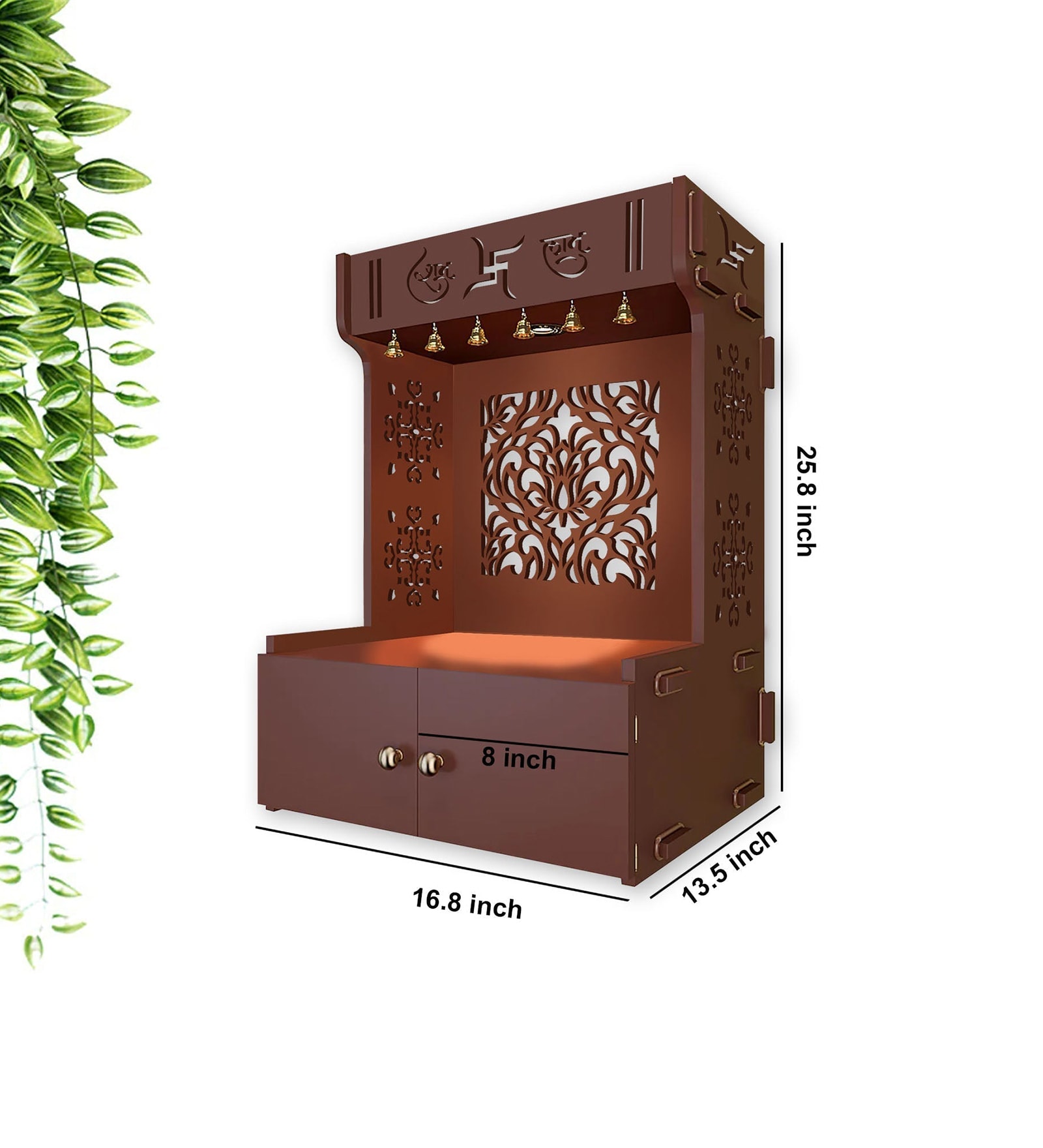 Holy Swastika Symbol of Hindu Religious Brown Wooden Wall Temple for Home With Inbuilt focus Lights & Spacious Shelf