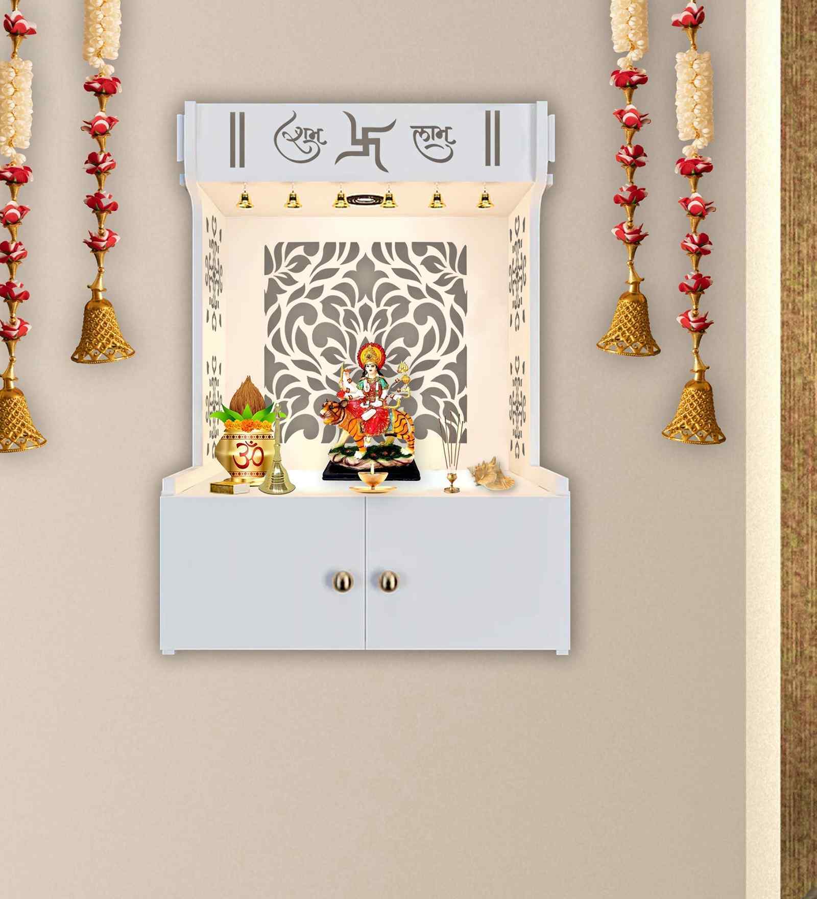 Holy Swastika Symbol of Hindu Religious White Wooden Wall Temple for Home With Inbuilt focus Lights & Spacious Shelf