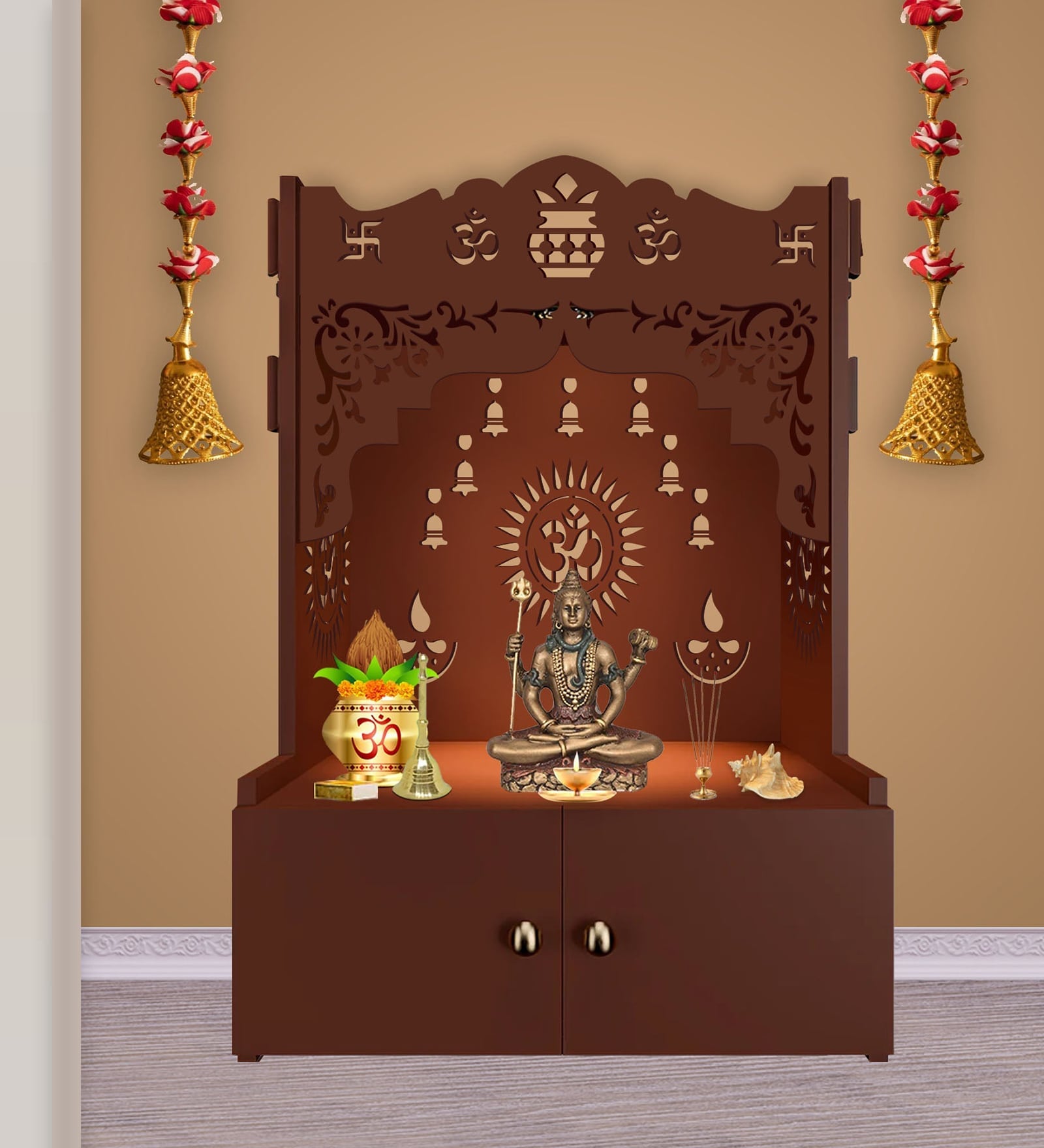 Brown Finish Holy Symbol Om Chakra Floor Temple with Spacious Wooden Shelf & Inbuilt Focus Light