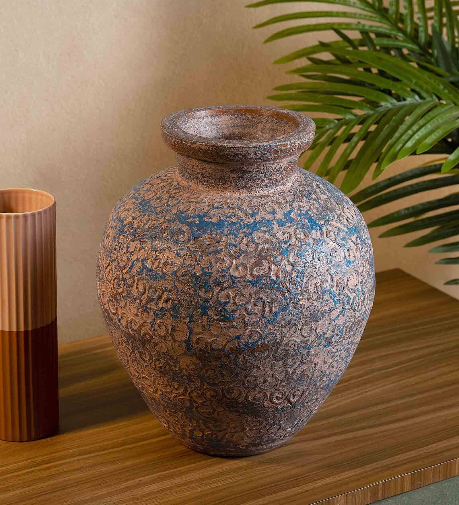 (1Pc) Pink & Blue Terracotta Decorative Vase For Home Decor