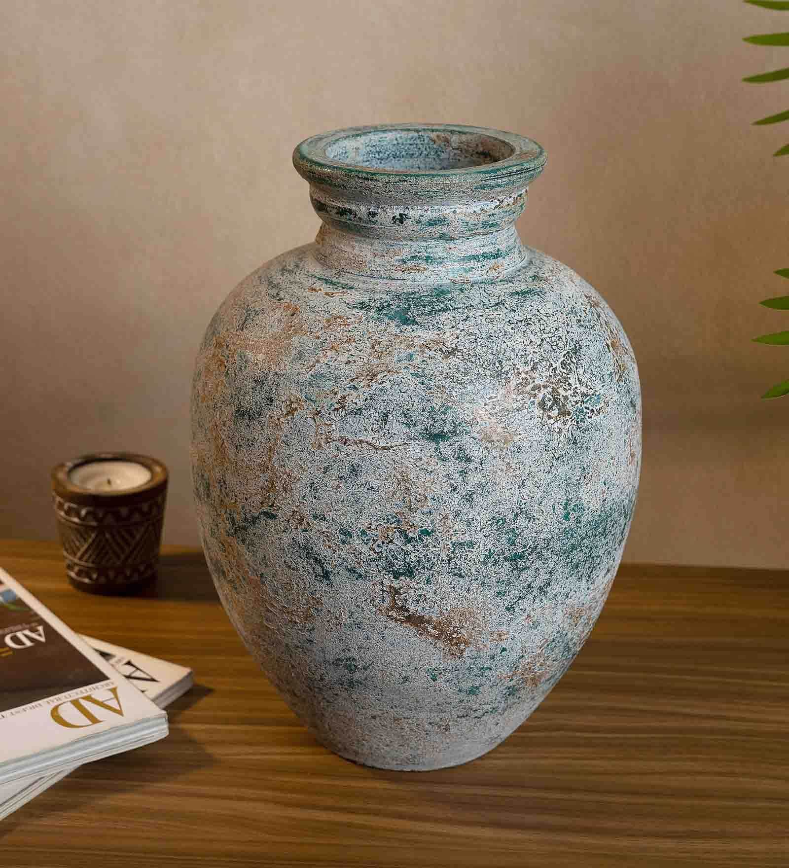 (1Pc) Teal Green Terracotta Flower Vase For Living Room Decor