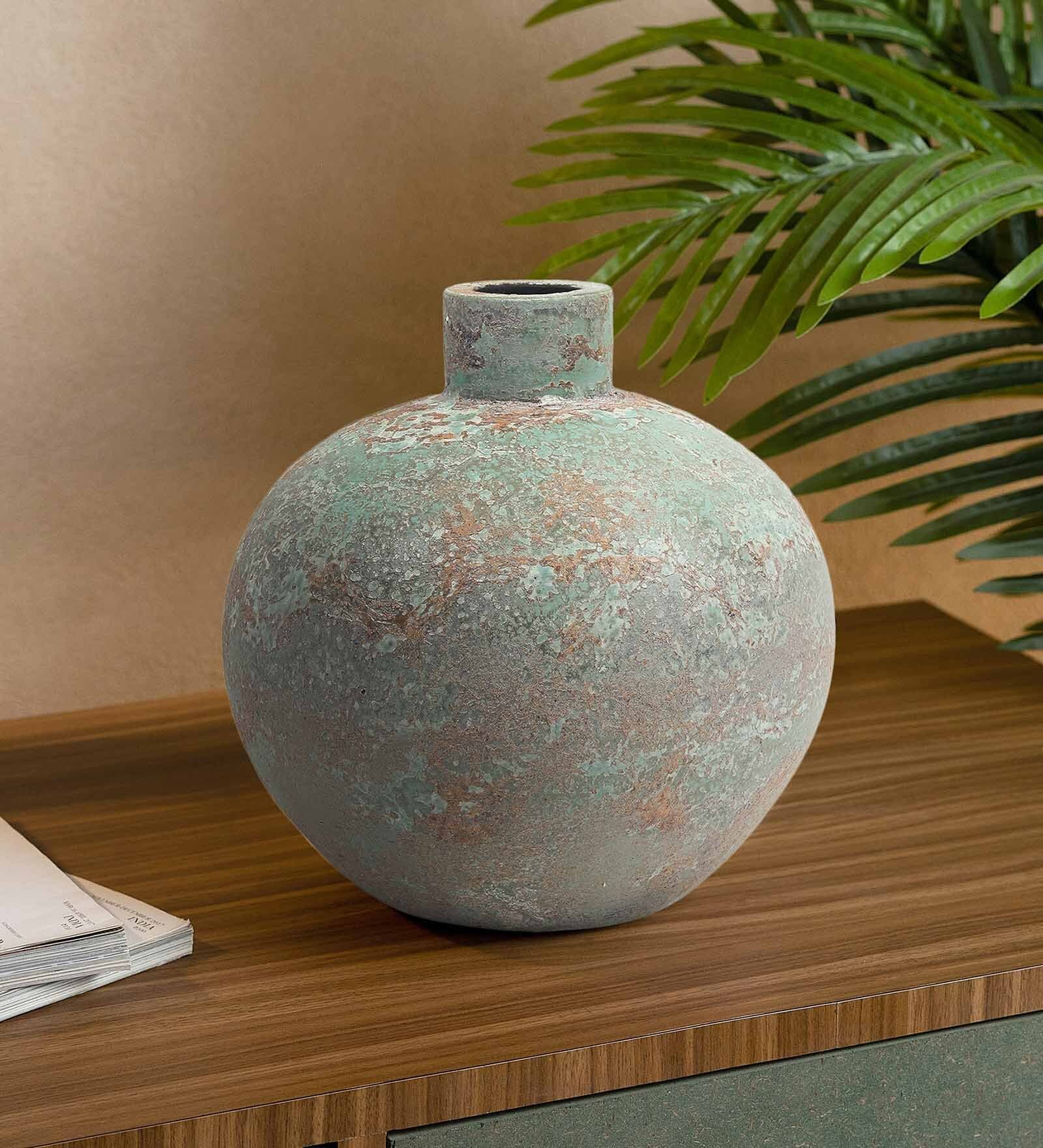(1Pc) Sea Green & Brown Terracotta Vase For Table Decor
