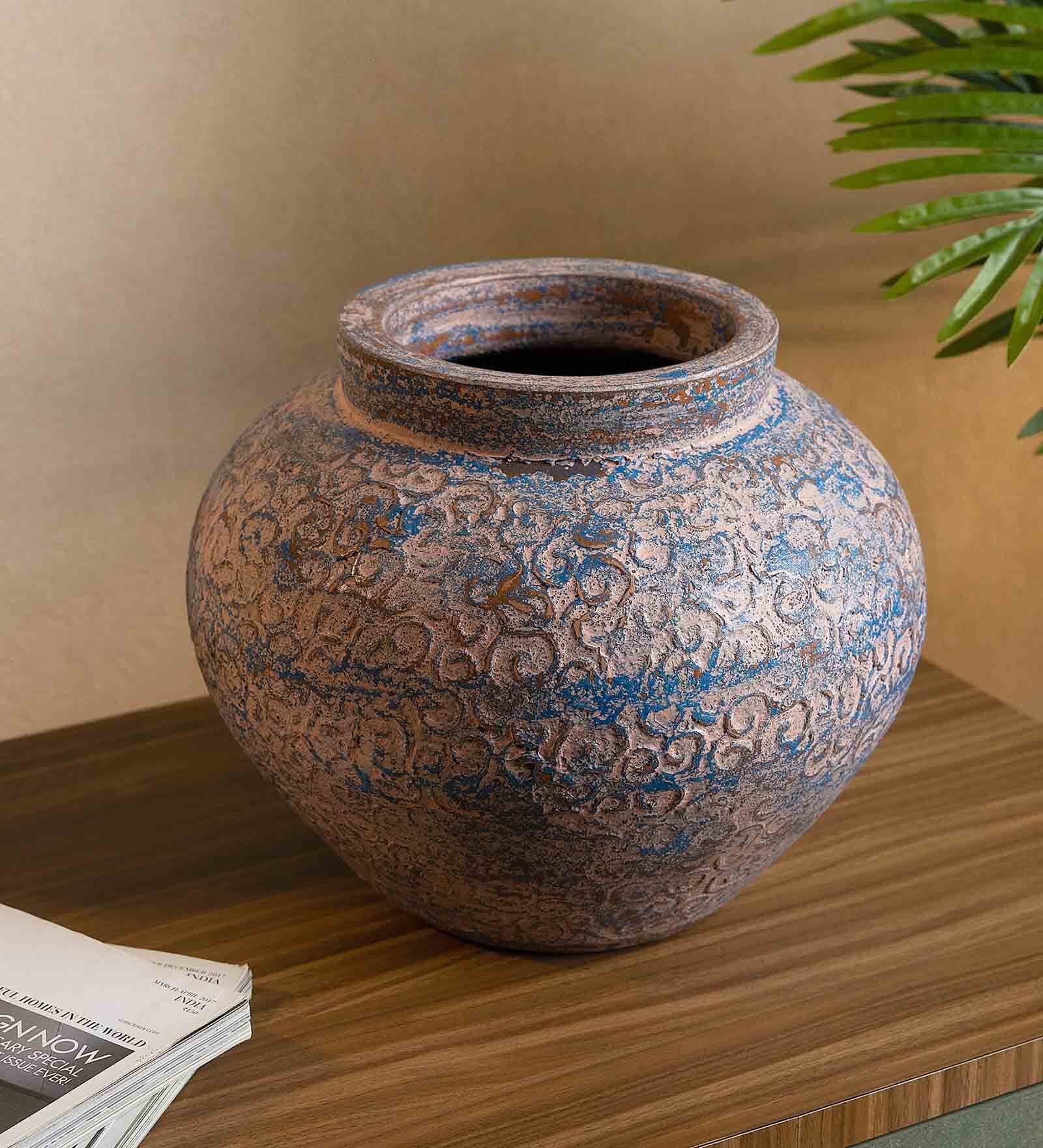 (1Pc) Pink & Blue Terracotta Decorative Vase For Room Decor Aesthetic