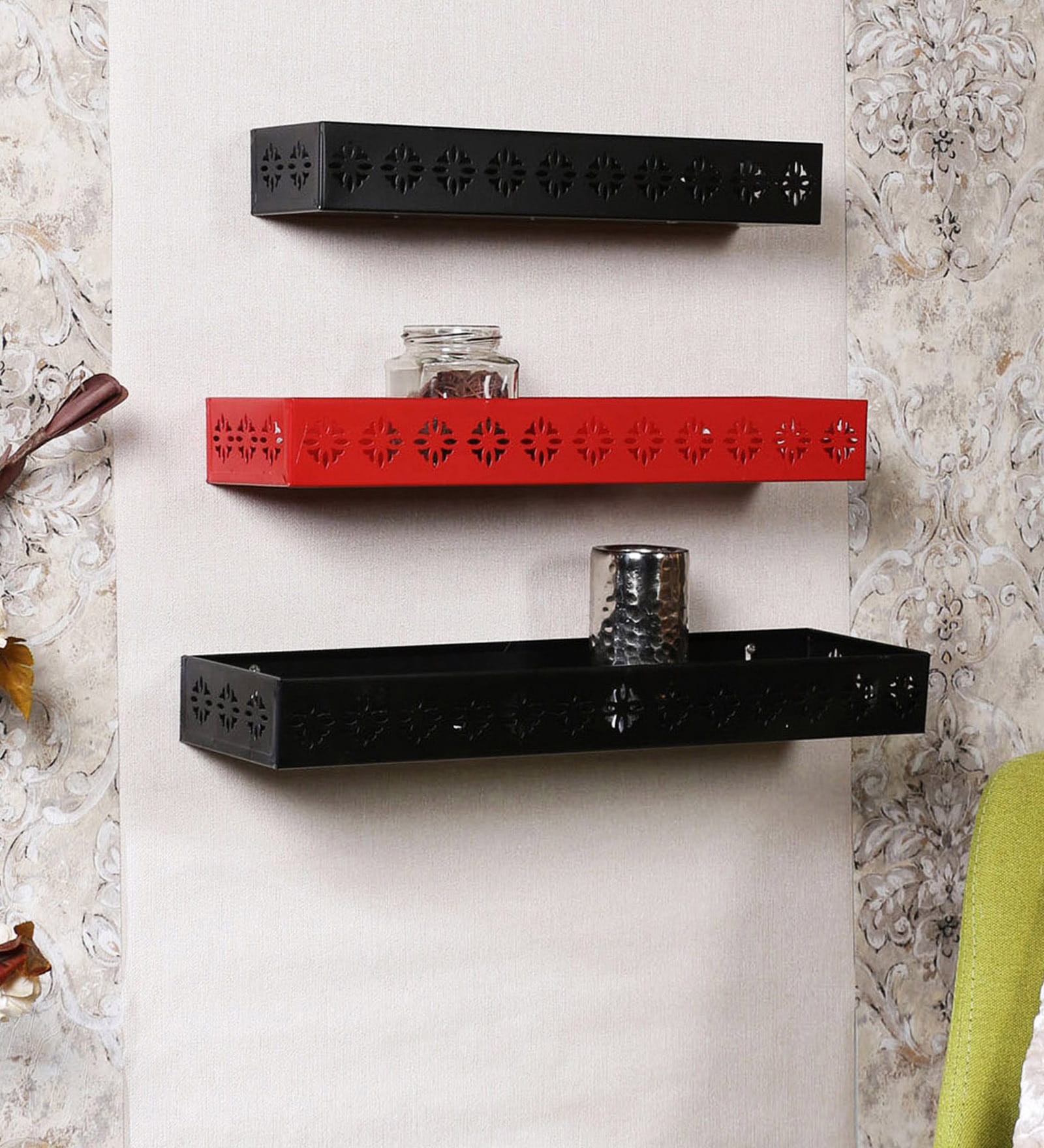 Set of 3 Metal Floating Wall Shelf in Black & Red Colour